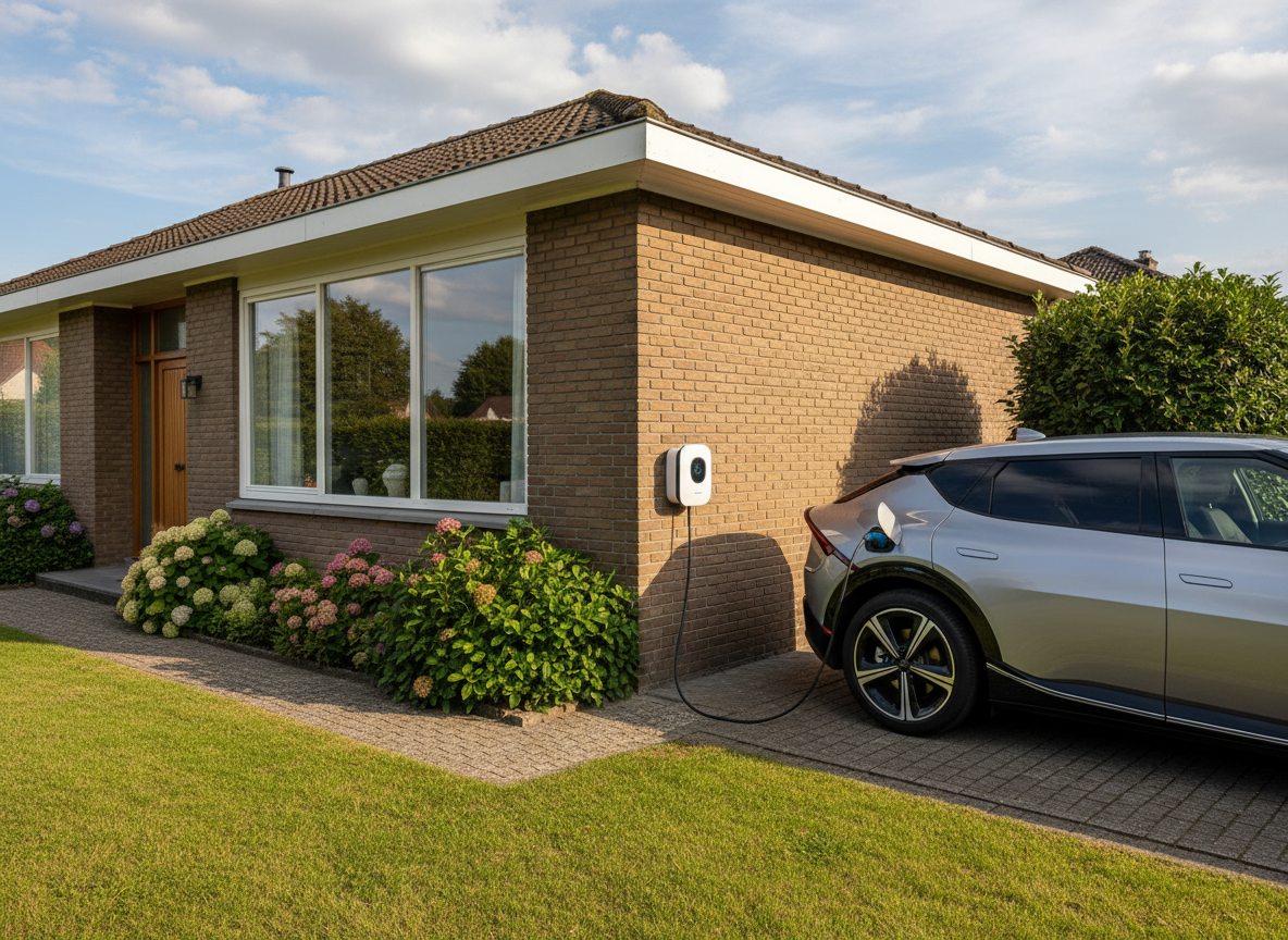 laadpaal installatie bij bakstenen woning in Flandre