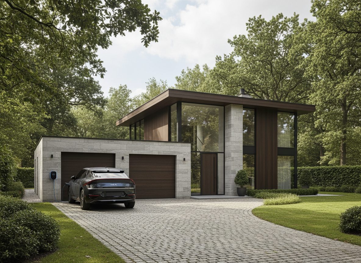 laadpaal installatie bij bakstenen woning in Flandre in de zomer