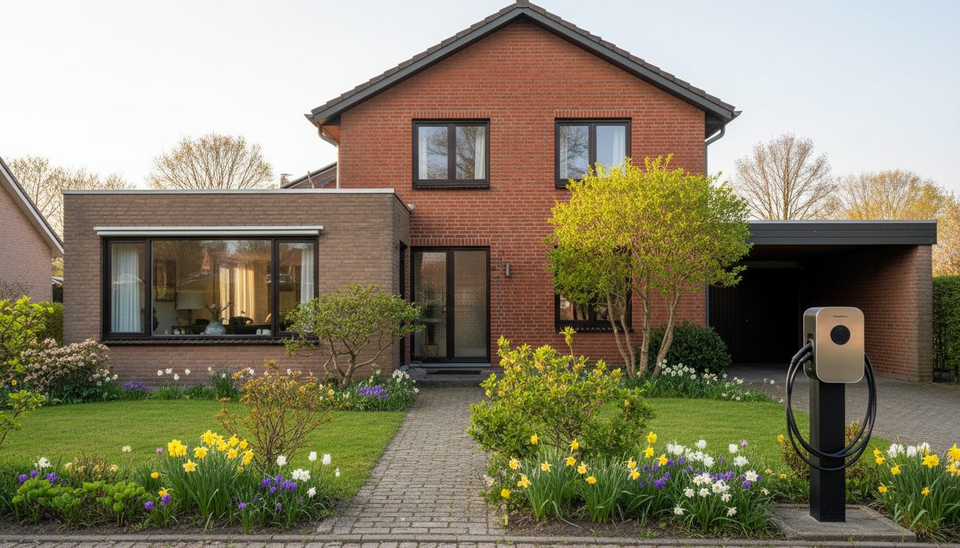 laadpaal installatie bij bakstenen woning in Flandre