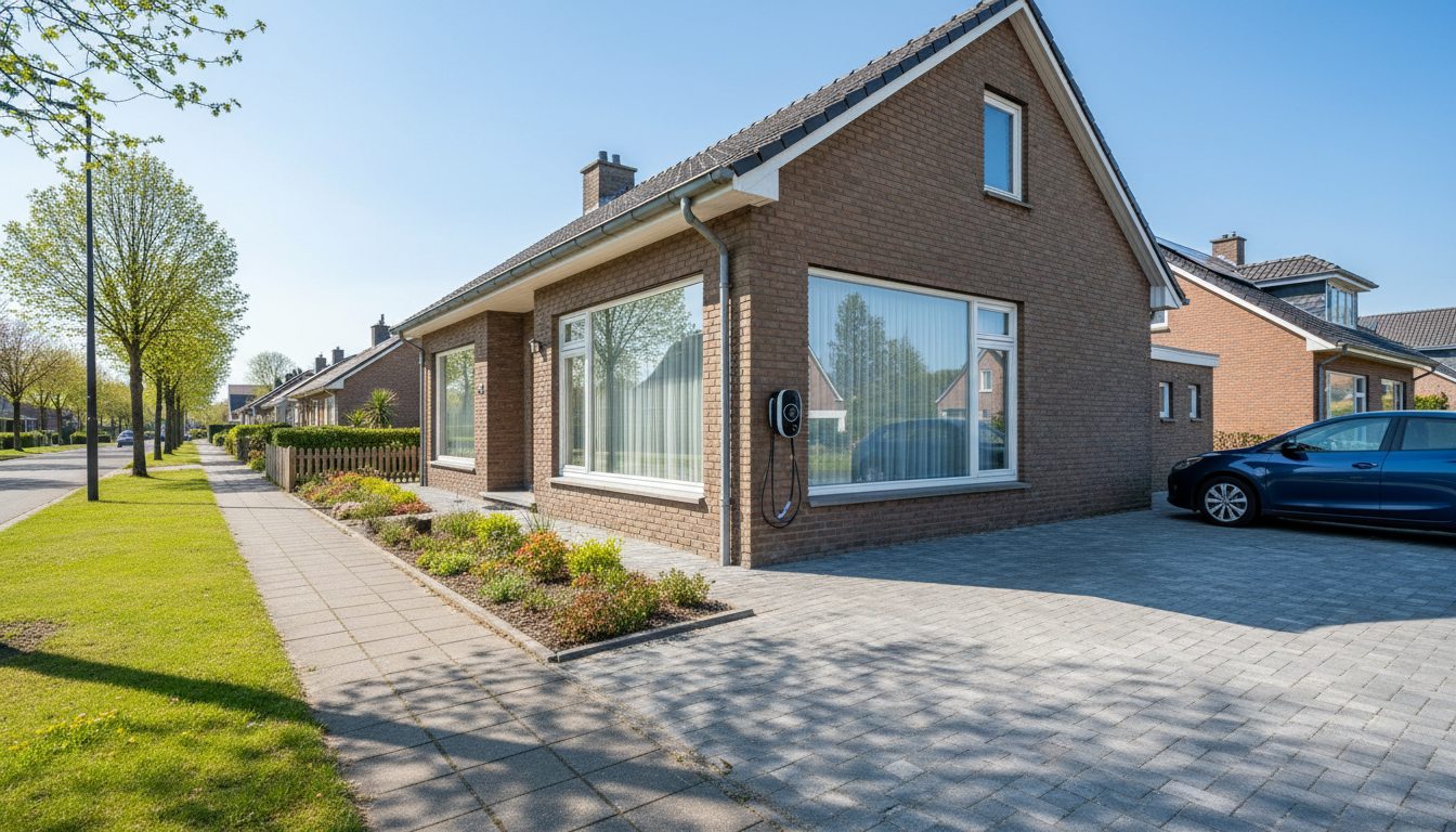 Straatbeeld met laadpaal op woning in Flandre in de winter
