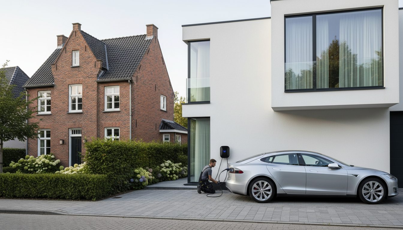 laadpaal installatie bij moderne villa in Flandre in de zomer
